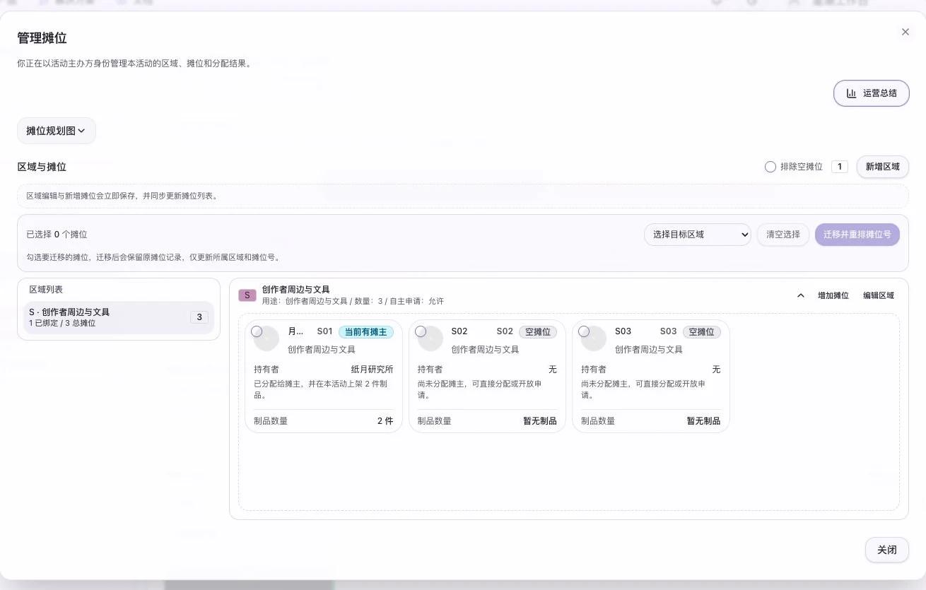 活动摊位管理页显示 S01 已有摊主，S02 和 S03 仍为空闲摊位