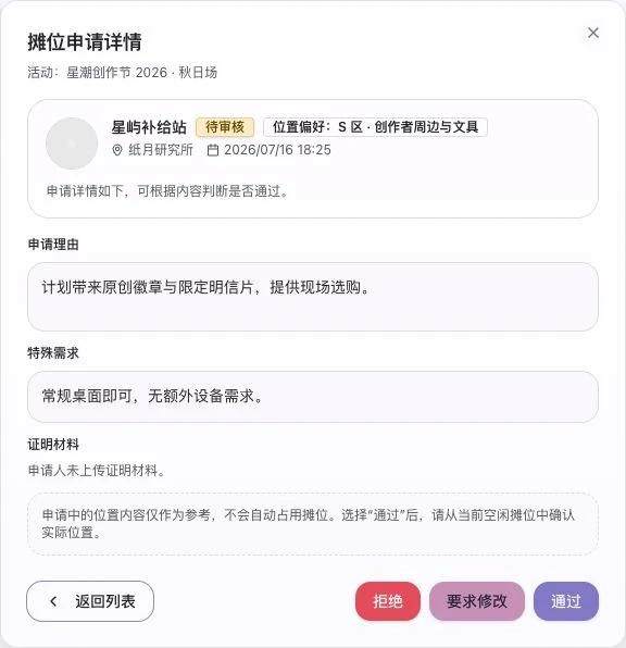 摊位申请详情显示申请理由、特殊需求，以及明确标注为位置偏好的区域信息